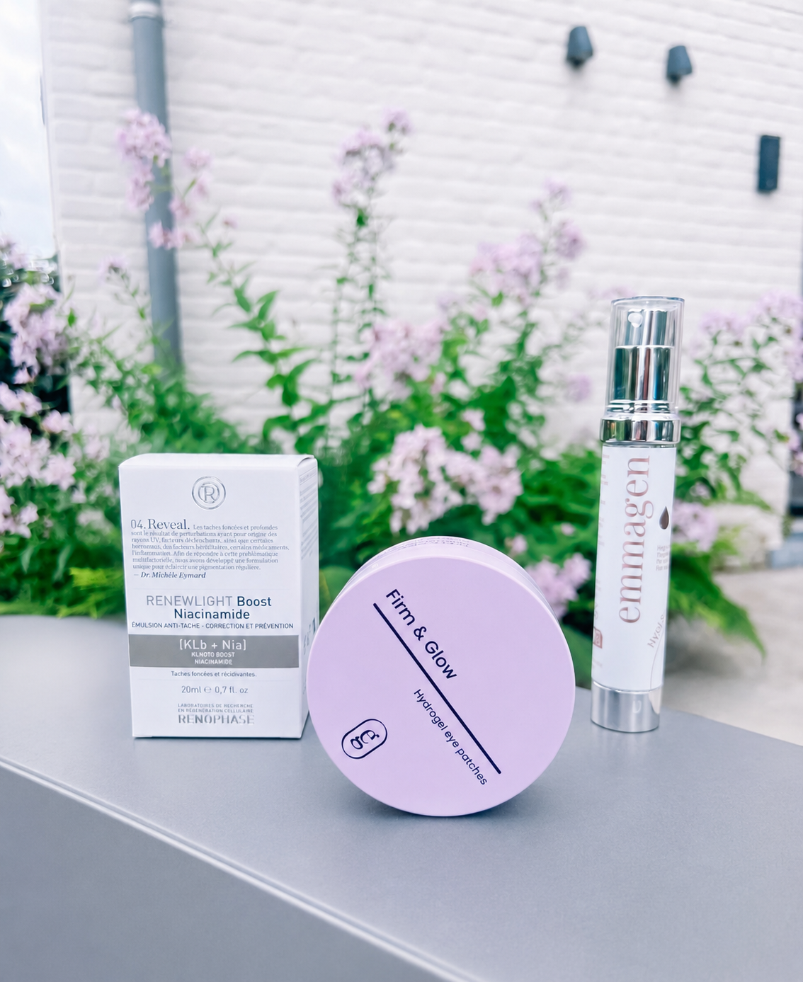 Emmagen Firm & Glow eye patches, Renophase Renewlight Boost Niacinamide en Emmagen Glowing Hyaluron Serum